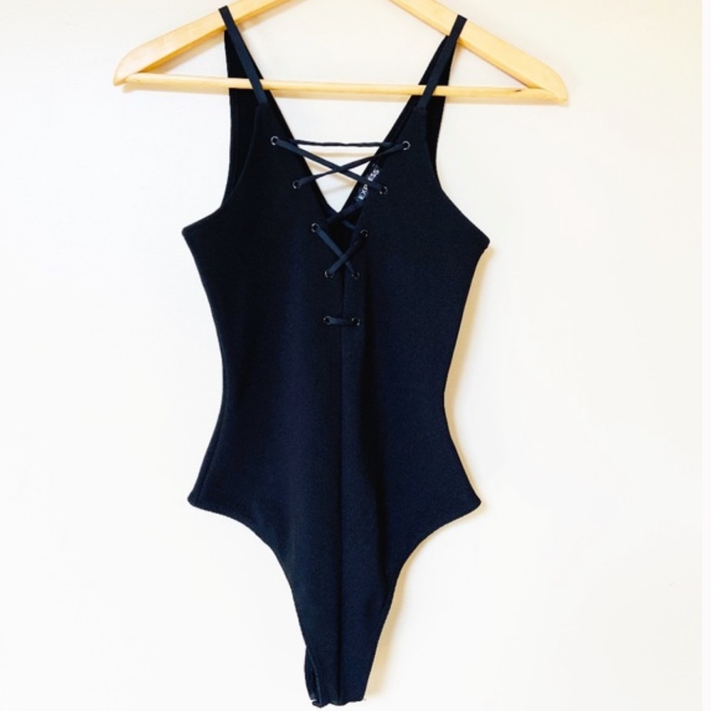 Express Criss Cross Front Ribbed Thong Bodysuit